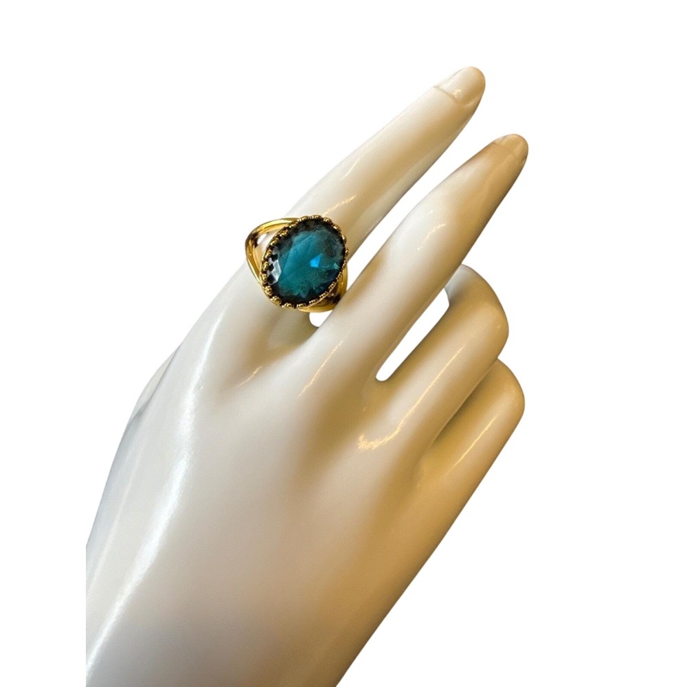 Blue Sapphire Glass Cocktail Ring‎ Gold Tone Statement Ring Size 10.25